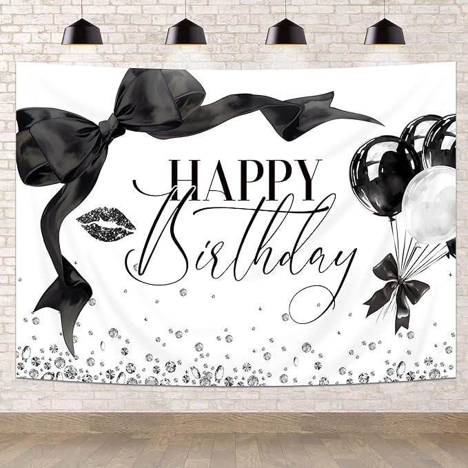 Black Bow Happy Birthday Banner Backdrop 7Wx5H Photography Girls Coquette Birthday Decorations Black White Bowknot Balloons Background Women Bachelorette Party Photo Booth Props Supplies