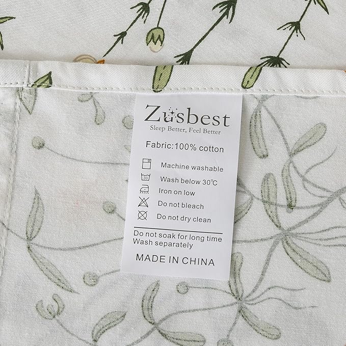 Zusbest Queen Sheet Set 100% Percale Cotton Green Floral Bed Sheet Set Yellow Flower & Green Leaves Botanical Pattern Printed on White Garden Luxury Crisp Soft Deep Pocket Fitted Sheet 17.5'' 4Pcs