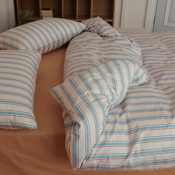 LifeTB Striped Comforter Set Queen Size, Fluffy Soft Blue Brown Stripes Pattern Printed Bedding Set, 3 Pieces Lightweight Bedding Comforter Set, Breathable Striped Bed Comforter with 2 Pillowcases