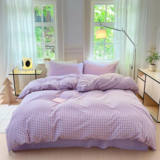 LifeTB Twin XL Comforter Set Purple Gingham Comforter with 2 Pillowcases Purple Pink Grid Plaid Comforter Set for Girls Women Fluffy Soft Lightweight Bedding Set Fluffy Checkered Comforter Twin XL