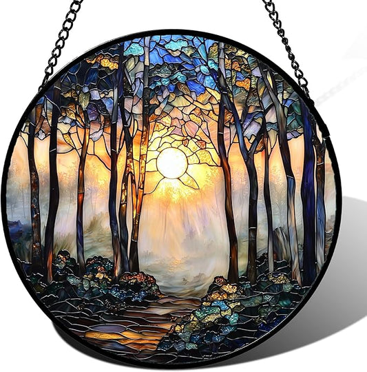 Stained Glass Window Hanging, Forest Sunrise Smoke Blue Brown Tree Suncatcher for Doors Window Home Landscape Sun Catchers Decor Mother's Day Birthday Gifts for Women, Men Mom 6.3 in