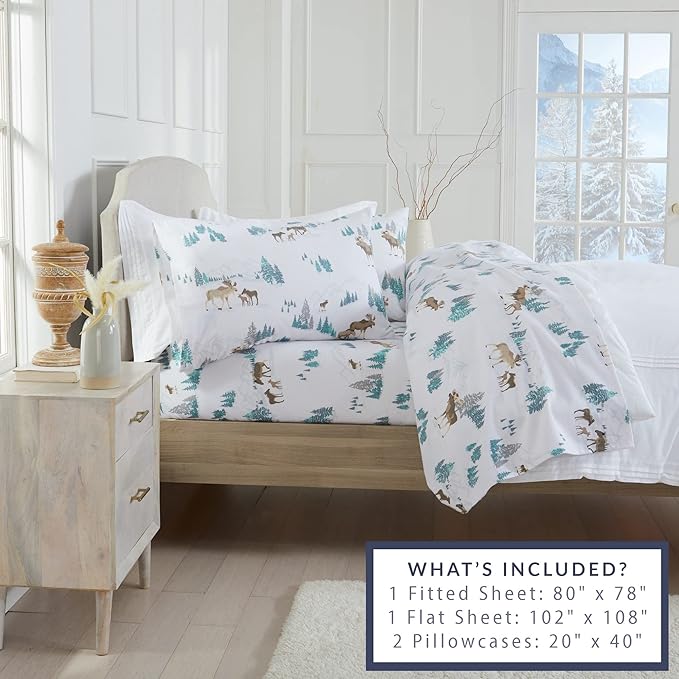 Market & Place 100% Turkish Cotton Flannel Sheet Set | 4 Piece Deep Pocket Novelty Cozy Winter Bed Sheets | Double Brushed for Extra Softness & Comfort | Alpine Collection (King, Moose)