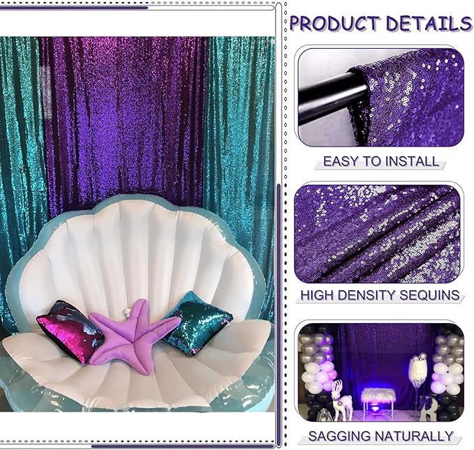Purple Sequin Backdrop Curtains 2FTx8FT 4 Panels Purple Sequin Curtains for Parties Glitter Backdrop Photo Background for Wedding Baby Shower
