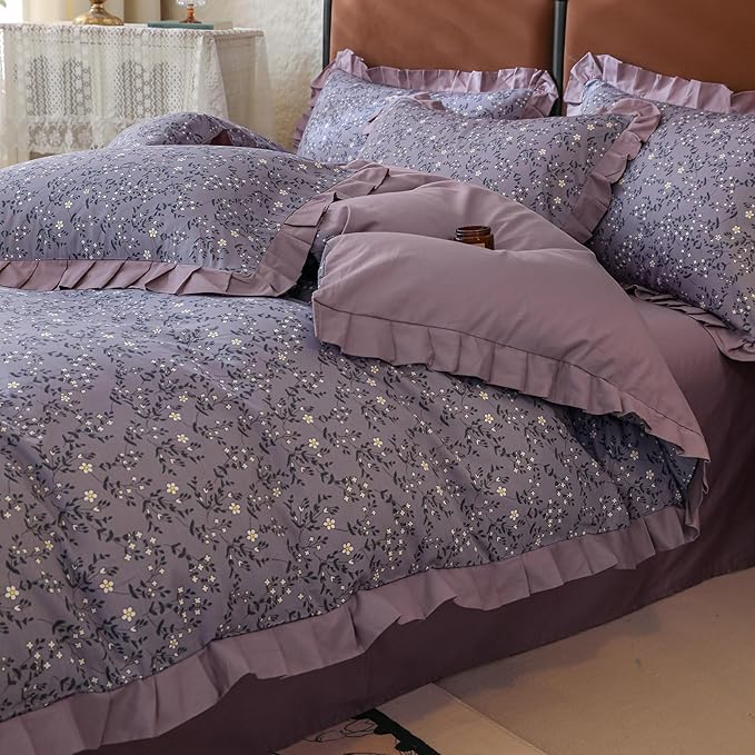 Purple Ruffle Duvet Cover King 100% Cotton Daisy Flower Comforter Cover Boho Cottagecore Bedding Set Vintage Floral Quilt Cover Romantic Ruffle Comforter Cover Botanical Floral Duvet Cover Set King
