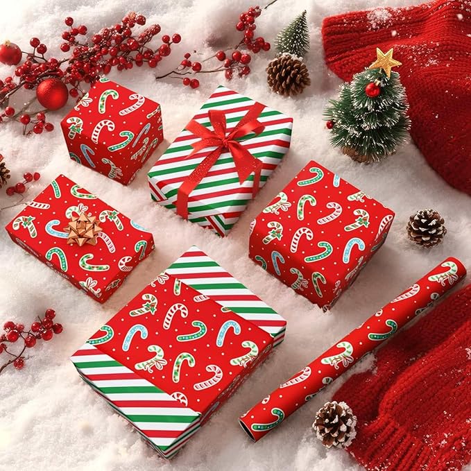 WERNNSAI Candy Cane Christmas Wrapping Paper - 1 Roll 17”x 33 ft Red Christmas Wrapping Paper for Kids Reversible Candy Cane and Stripe Gift Wrap for Xmas Holiday Winter Party Celebration