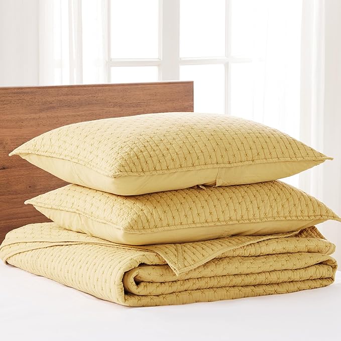 Levtex Home Cross Stitch Reversible King Bedspread Set (120x104in) with 2 Pillow Shams (36x20in) - Stitch Texture - Ochre - Cotton King Size Bedspread Set - Soft, Pre-Washed