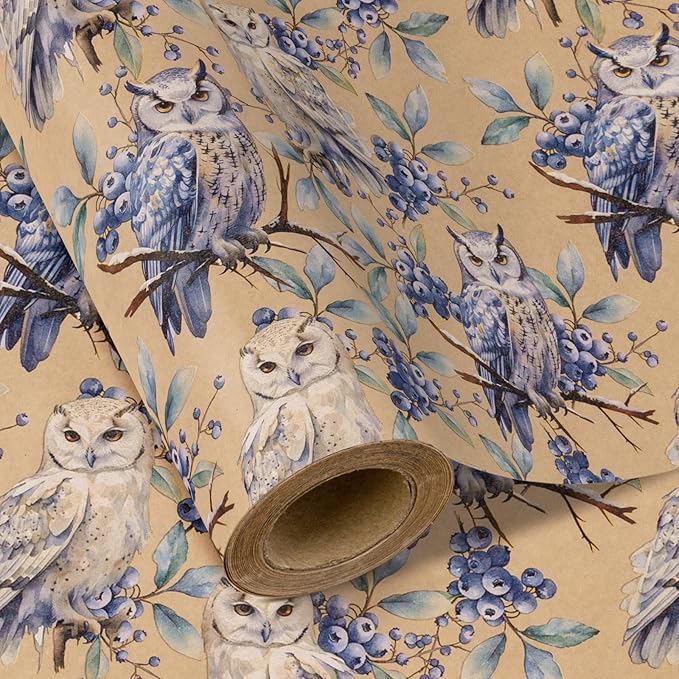 WRAPAHOLIC Kraft Christmas Wrapping Paper - Mini Roll - 17 Inch x 33 Feet - Owl Wrapping Paper Wild Animal Winterfall Watercolor Design for Christmas, Holiday, Party Celebration