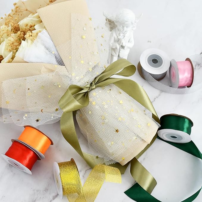 TONIFUL 12 Colors 1 Inch x 60yds Satin Ribbon Rolls Solid Color Fabric Ribbons for Gift Wrapping Invitation Floral Bouquet Hair Bows Craft Party Wedding Birthday Christmas Decoration (5yd/Roll)