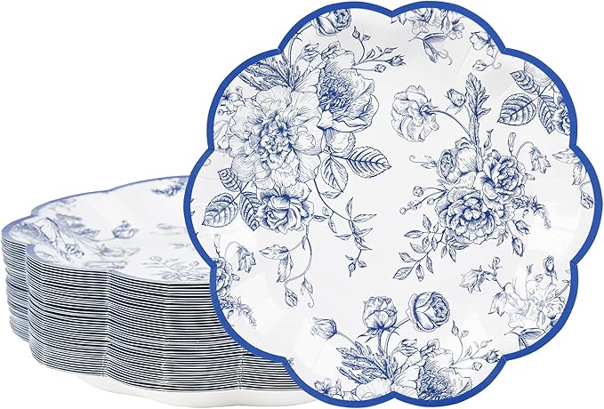 Blue Floral Party Plates Vintage Floral Leaf Disposable Paper Plates Wildflower Blue Toile 7" Scalloped Rim Dessert Plates for Christmas Birthday Bridal Tea Party Supplies (48)