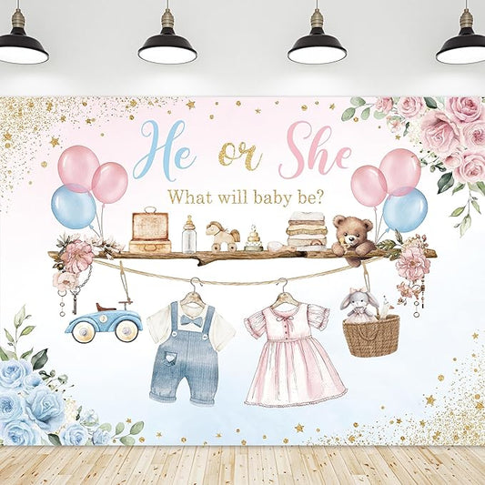Riyidecor Gender Reveal Backdrop Polyester Fabric He or She Pink Blue What Will Baby Be Baby Shower 7Wx5H Feet Boho Watercolor Floral Flower Balloons Photography Background Newborn Photo Studio Shoot