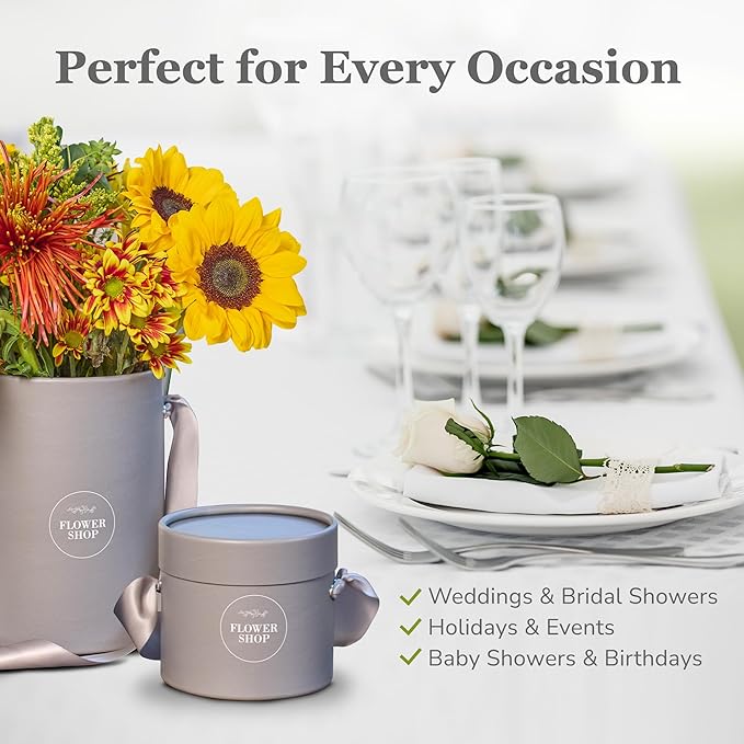 4 Flower Bouquet Hat Boxes | 2 Per Size Round Floral Arrangement Vase | Satin Ribbon Handle & Waterproof Liner | Gift Box for Flowers with Lids | Grey