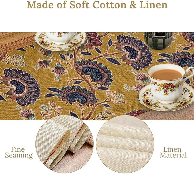 Boho Floral Table Runner, Mustard Yellow Paisley Floral Vintage Farmhouse Table Runner for Kitchen Dining Holiday Party Decor, 13x120 Inch
