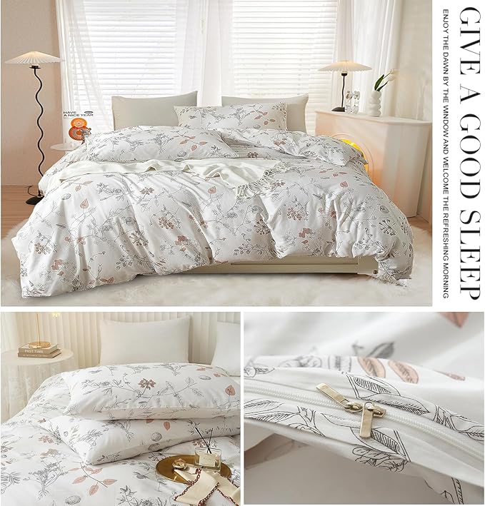 EAVD Girls Floral Duvet Cover Twin Soft White Cotton Tree Branches Floral Bedding Set with 2 Pillowcases Fresh Chic Garden Botanical Duvet Cover with Zipper Closure 4 Ties