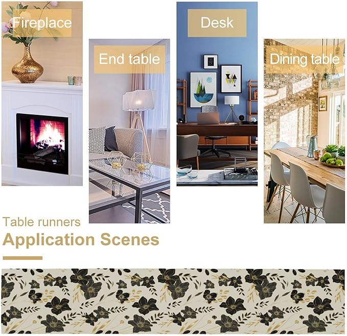 Black Gold Floral Table Runner, Mordern Minimalist Luxury Golden Floral Leaves Print Table Runner for Indoor Outdoor Home Decor Party Decor, 13x36inch