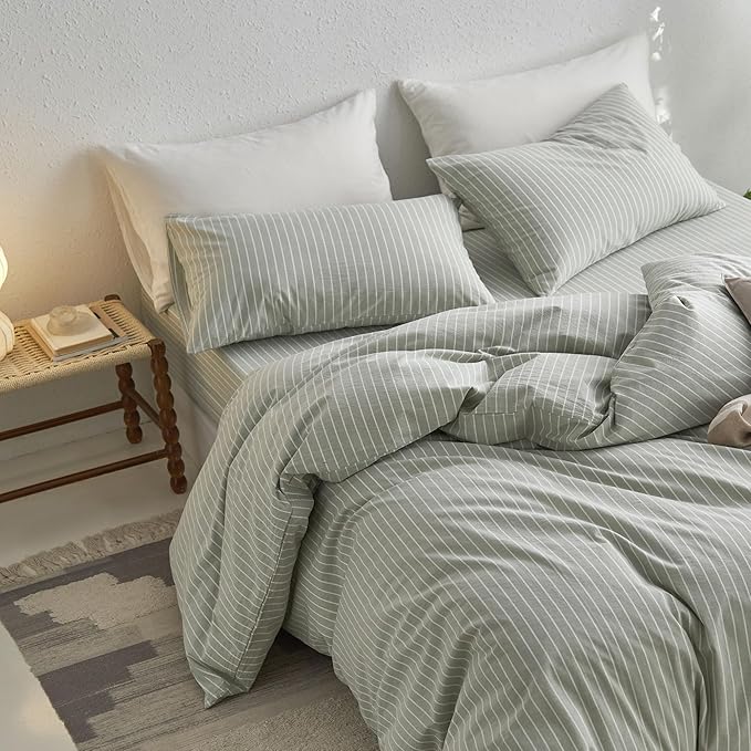 MooMee Striped Duvet Cover Set 100% Washed Cotton Linen Like Textured Breathable Durable Soft Comfy (Sage Green White Wide Stripes, Full 80"x90")