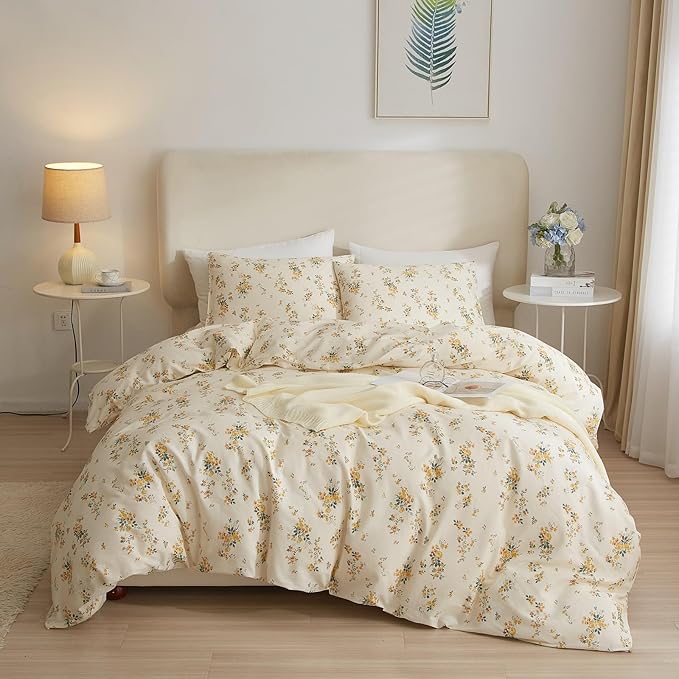 Vintage Yellow Floral Comforter Set King Garden Style Aesthetic Flower Comforter for King Bed Fluffy Lightweight Chic Botanical Floral Bedding Cottagecore Comforter Farmhouse Boho Comforter Set
