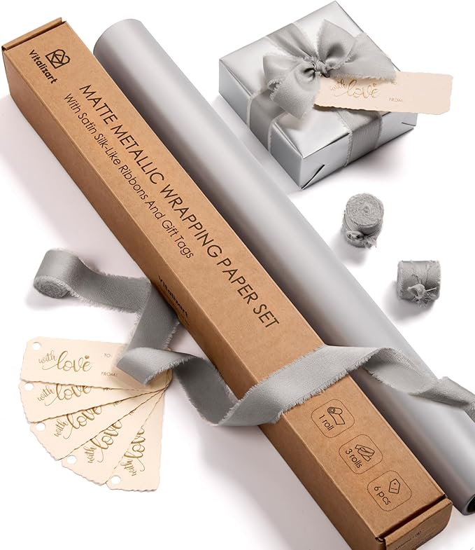 Vitalizart Silver Matte Metallic Wrapping Paper Set 17" With Silk Satin Ribbon & Gift Tags Christmas Gift Wrapping Birthday Baby Shower Wedding Bouquets Handmade Crafts 197"(16.4 Ft) Silver Ribbon