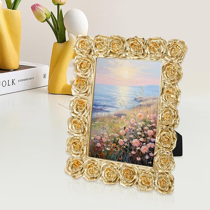 Rose 4x6 Picture Frame, Gold Vintage Antique Picture Frames with Glass Front, Elegant Retro Carved Ornate Photo Frame, Resin Photo Frames for Tabletop or Wall Hanging, Vertical or Horizontal Photos Display