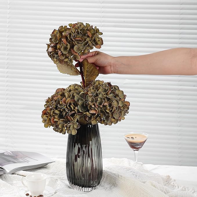 Fall Artificial Dried Hydrangea Flowers, Vintage Green Dried Look, Fall Faux Flowers, Single Stem (Autumn Green, 4pcs)