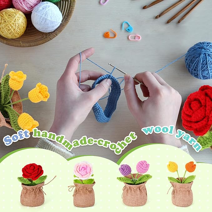 Crochet Flower Plant, Empathetic Flower Gift for Women & Men, Perfect for Birthday, Christmas, Mother's Day, Desk Decor, Birthday Decorations, Kids Party Decoration. Pink Gradient Rose