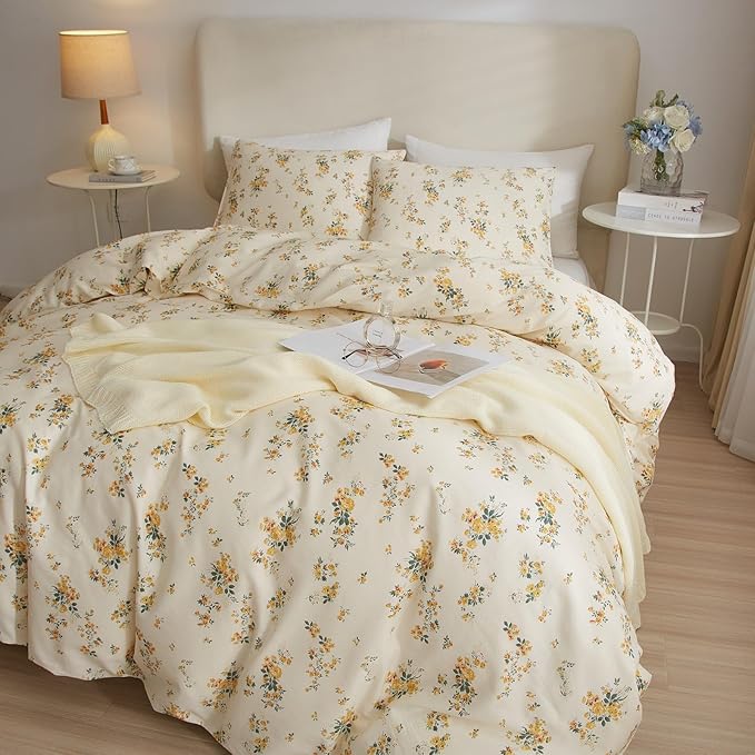 Vintage Yellow Flower Comforter Set Queen Fluffy Soft Floral Bedding Comforter Boho Flower Leaves Botanical Comforter Cottagecore Bedding Set Aesthetic Floral Comforter Set Queen Size for All Season