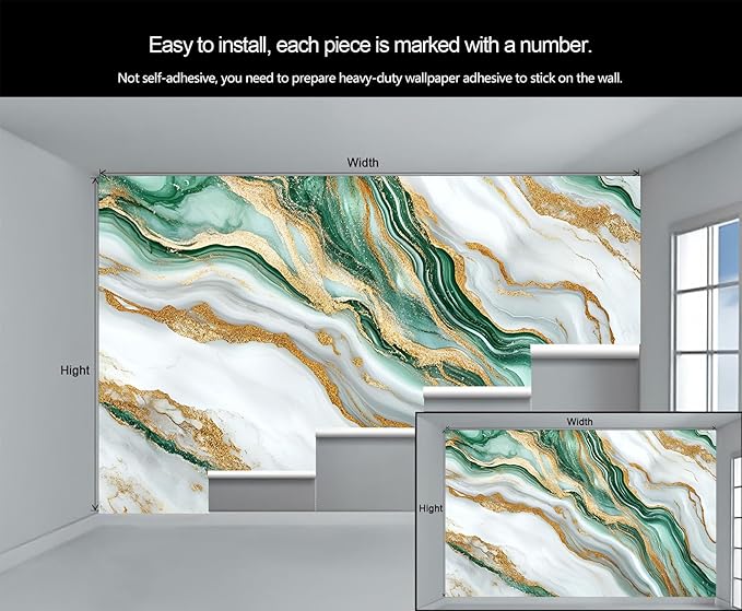 Green Gold Marble Wall Mural, Elegant Marble 3D Wall Murals, Luxury Stone Texture Wallpaper Mural, for Living Room Bedroom Large Wallpaper Indoor Decor 137.8" W x100 H