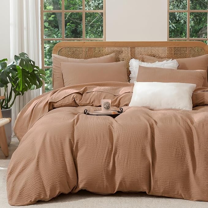 Queen Duvet Cover, Luxury Soft Microfiber Double-Layer Crinkle Gauze Cocoa Brown Duvet Cover, 3 Pieces Bedding for All-Season, Lightweight Warmth with 2 Pillowcases