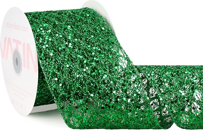 VATIN 4" Green Christmas Ribbon, Green Glitter Mesh Diamond Web Sequin Dots Wired Christmas Ribbon for Gift Wrapping Bow Making Wreath Supply-10 Yards
