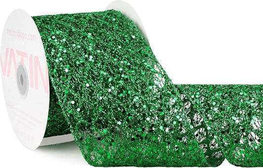 VATIN 4" Green Christmas Ribbon, Green Glitter Mesh Diamond Web Sequin Dots Wired Christmas Ribbon for Gift Wrapping Bow Making Wreath Supply-10 Yards