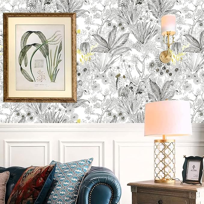 Wudnaye Floral Peel and Stick Wallpaper Vintage Contact Paper 17.7 inch×118.1 inch Gray Flower Wallpapers Self Adhesive Removable White and Black Contact Paper Waterproof for Bathroom Vinyl