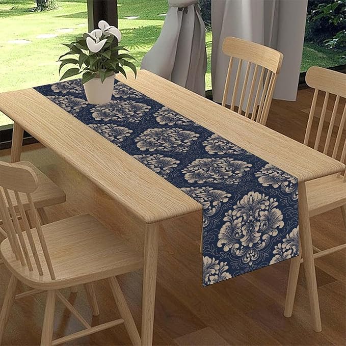 Vintage Damask Table Runner, Blue Classical Luxury Old Fashioned Damask Royal Victorian Flora Print Table Center Decor for Family Kitchen Table Decorations Indoor Outdoor 13x90 inch