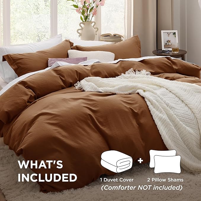 Bedsure Brown Duvet Cover Full Size - 3 Pieces Prewashed Extra Soft Cotton-Like Bedding Set, Includes 1 Duvet Cover 80x90 Inches with Zipper Closure & 2 Pillow Shams, Comforter Not Included