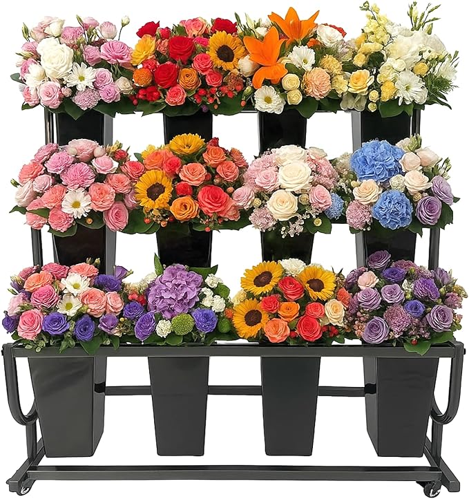 3-Tier Movable Plant Cart - Heavy Duty Flower Rack with 12 Buckets - Perfect for Shops, Homes, Cafes, and Offices（Black）