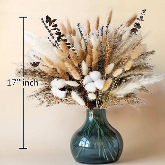 Natural Dried Flower Bouquet - Pampas Grass, Cotton Stems, Bunny Tails, Eucalyptus, Lavender & Wheat - Rustic Boho Decor for Home, Fall Decorations for Home, Wedding, or Gift