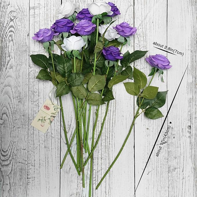 FiveSeasonStuff 12 Stems Artificial Flowers Real Touch Silk Roses for Wedding Decoration Bridal Bouquets Table Centerpieces Party Shower, Packed in Box (Purple & White Vows)