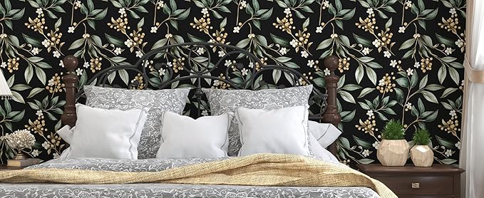 Extra Long Dark Peel and Stick Wallpaper 17.5" x 393" – Vintage Floral Green Leaf Botanical Self-Adhesive Vinyl Contact Paper for Bathroom Bedroom Kitchen Cabinet Drawer Walls PVC DIY Decor