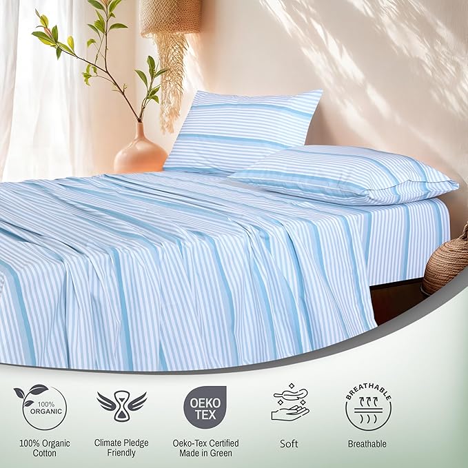 RUVANTI 100% Organic Cotton Sheets Twin XL, Percale Weave, GOTS Certified, 3-Piece Set, Deep Pocket 15", Crisp & Breathable, Soft Durable Bedding, Sábanas Algodón Orgánico – Nautical Stripes