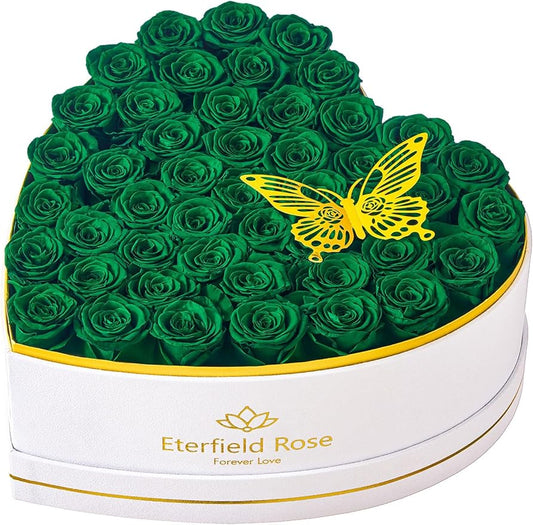 Eterfield 47 Forever Flowers in Heart Shape Box, Preserved Roses That Last a Year Preserved Flowers Birthday Gifts for Her Mom Women Wife Anniversary Valentines Day Mothers Day Christmas, Green