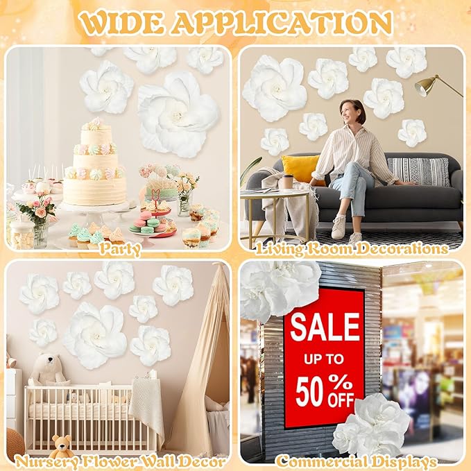 Giant Paper Flowers Artificial Large Paper Flower Decoration for Handcrafted Wall Backdrop Christmas Mexican Wedding Graduation Bridal Shower Birthday Party Supplies(White,12 Pcs)