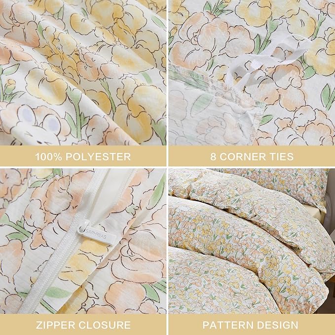 SAPHREAS King Orange Iris Floral Duvet Cover Botanical Floral Leaves Pattern Comforter Set Cute Bear Duvet Cover Lightweight Soft Microfiber 3pcs 1 Duvet Cover 2 Pillow Shams