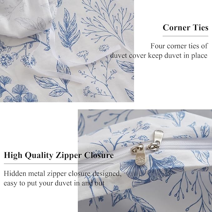 EAVD Vintage Style Garden Blue Floral Cotton Duvet Cover King White Boho Floral Bedding Set Chic Fresh Cottagecore Bedding Aesthetic Botanical Comforter Cover with 2 Pillowcases