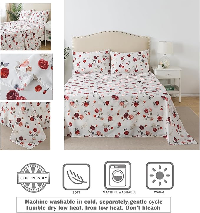 FADFAY Rose Sheets Set Queen Vintage White Rose Floral Bedding Chic Red Rose Bed Sheets Shabby Farmhouse Bedding 100% Percale Egyptian Cotton 800 Thread Count Deep Pocket Fitted Sheet 4Pcs,Queen Size