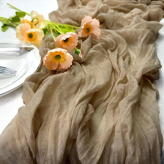 Booque Valley Nude Cheesecloth Table Runner 120 Inch 10ft Super Soft Boho Wrinkled Gauze Sheer Cloth for Baby Shower Birthday Bridal Shower Wedding Centerpiece Table Decoration, 1 Pack , Tan