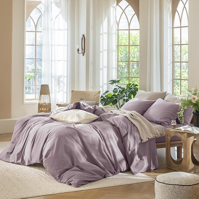 MooMee Bedding Duvet Cover Set 100% Washed Cotton Linen Like Textured Breathable Durable Soft Comfy (Solid Taro Purple, Cal King 104"x98")