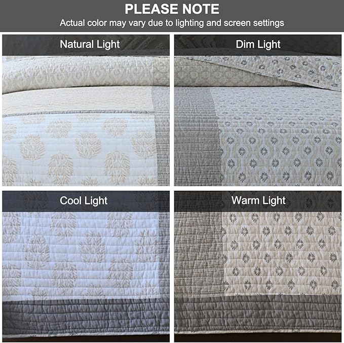 PANGUSHAN Quilt Set King Size, 100% Cotton Bedspread Quilt Bedding Set, Floral Patchwork Quilt Set for King Bed, Moonbeam Bed Spread, Lightweight Comforter Reversible Quilt, All Season, 3 Pieces