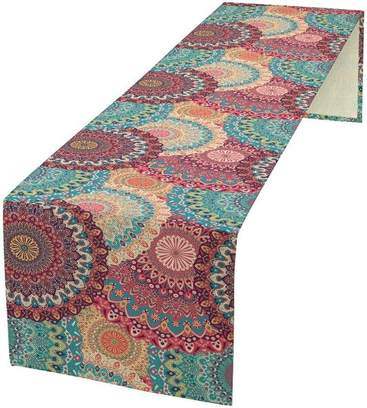 Bohemian Table Runner, Colorful Traditional Blue Pink Mandala Flower Table Runner for Kitchen Dining Cafe Party Decor, 13x70 Inch