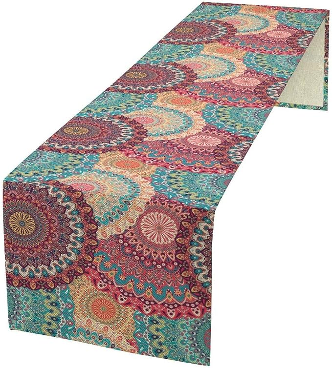 Bohemian Table Runner, Colorful Traditional Blue Pink Mandala Flower Table Runner for Kitchen Dining Cafe Party Decor, 13x120 Inch