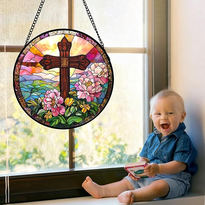 Christian Gifts for Women - Cross Stained Glass Window Hanging Jesus Easter Pink Flower Peony Sun Catcher Garden Religion Decor Mother's Day Catholic Gift for Men Grandma Mom Her Nana 15"