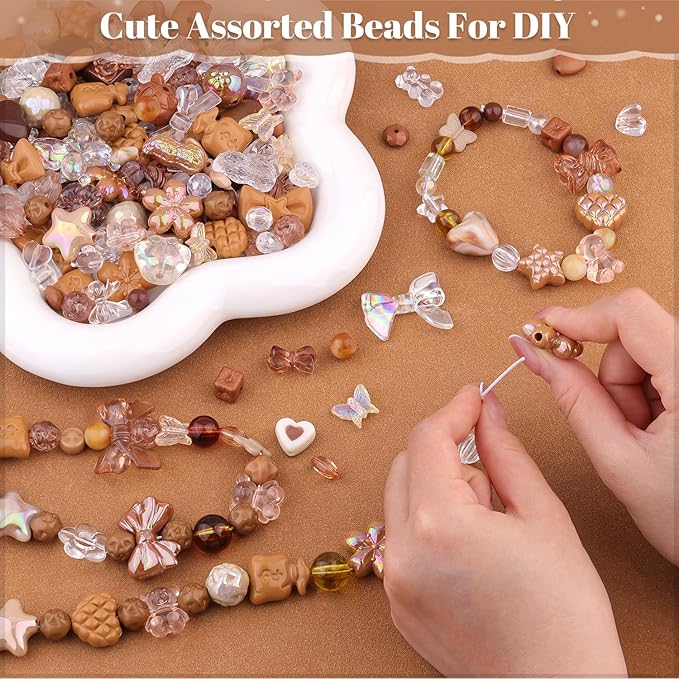 Assorted 200-260PCS Brown Acrylic Beads for Bracelet Making, Flower Bow Candy GummyBear Bracelet Charms,Cute Beads for Jewelry Making DIY Necklace Keychain Phone Charm Christmas Gift