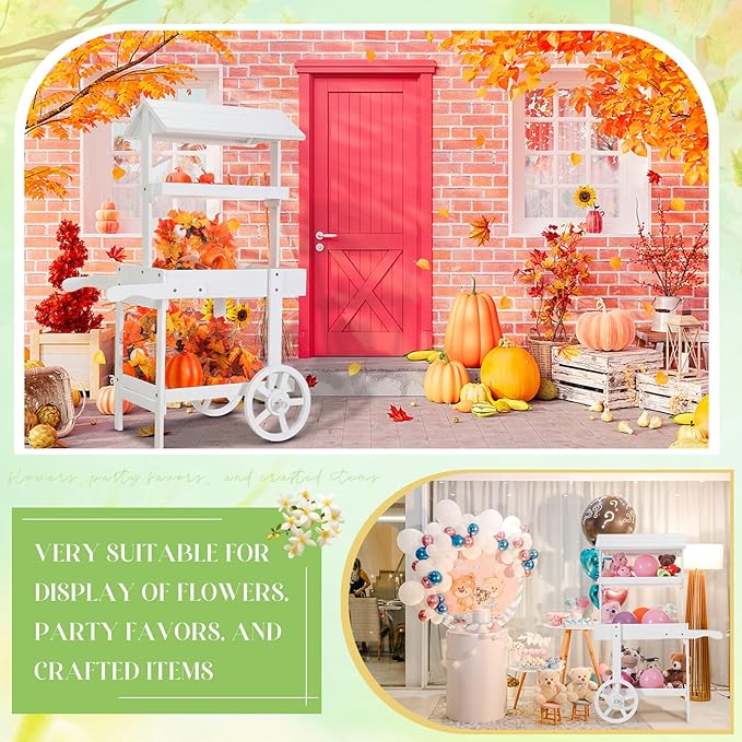 Hanaive Flower Cart Display Stand with Wheels for Bridal Shower Baby Shower Party Large Country Market Vintage Wooden 3 Tier Rolling Table Cart for Display Flower Candy Party Favors and Crafted Items